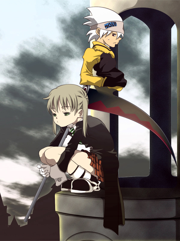 1girl blonde_hair bored brown_hair maka_albarn plaid plaid_skirt sasami_(artist) scythe skirt soul_eater soul_eater_(character) squatting twintails