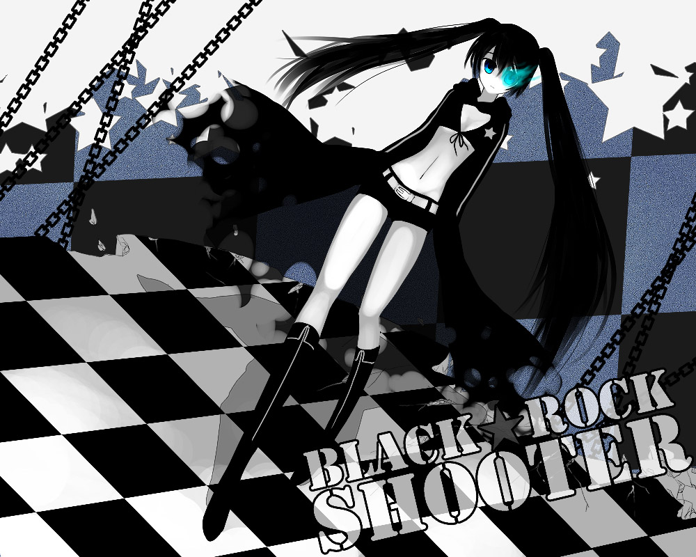 black_hair black_rock_shooter black_rock_shooter_(character) blue_eyes chain long_hair meimone midriff navel solo twintails