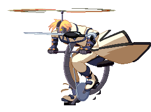 aircraft animated animated_gif bicycle blonde_hair cyborg flying ground_vehicle guilty_gear helicopter lowres male_focus mouth_hold robo-ky solo sword trench_coat weapon