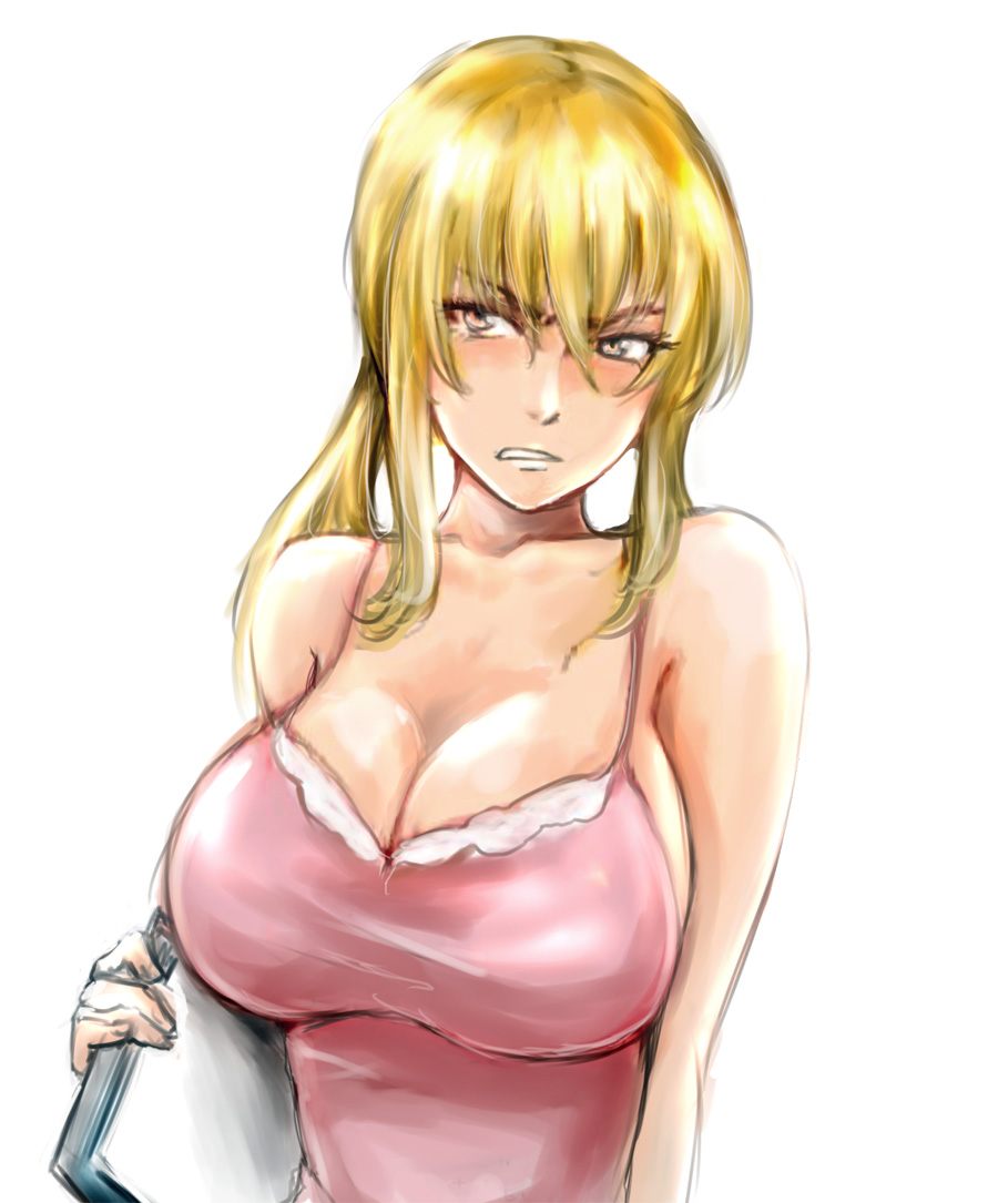 angry armored_core blonde_hair breasts cleavage dress huge_breasts lana_nielsen osakana_(denpa_yun'yun) pink_dress solo