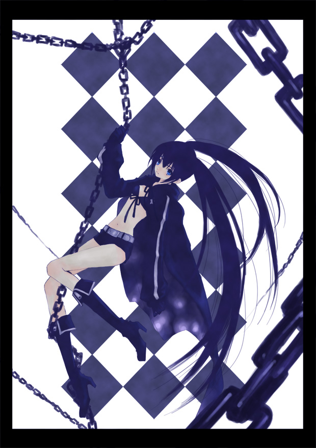 akatsuki_byakuya bad_id bad_pixiv_id black_hair black_rock_shooter black_rock_shooter_(character) blue_eyes chain long_hair midriff shorts solo twintails