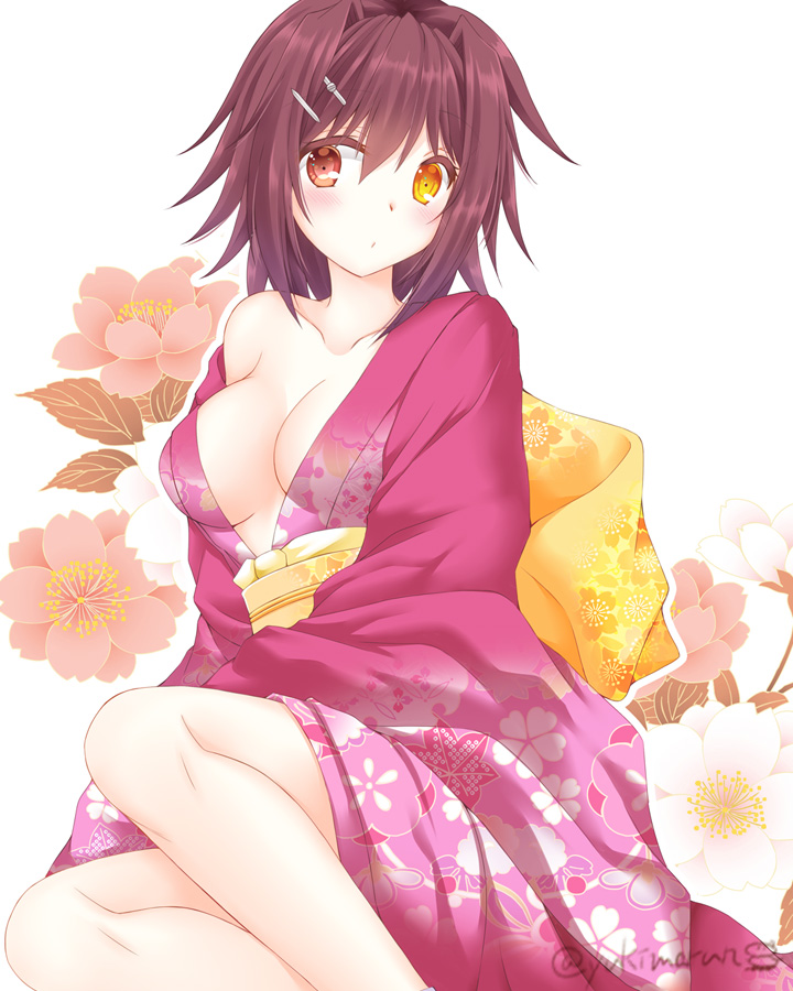 1girl back_bow bare_legs blush bow breasts brown_hair cleavage closed_mouth collarbone commentary_request feet_out_of_frame floral_background floral_print furutaka_(kantai_collection) hair_ornament hairclip head_tilt heterochromia japanese_clothes kantai_collection kimono long_sleeves looking_at_viewer medium_breasts obi off_shoulder pink_kimono print_kimono red_eyes sash short_hair single_bare_shoulder sitting solo tamagawa_yukimaru tareme twitter_username wide_sleeves yellow_bow yellow_eyes yokozuwari