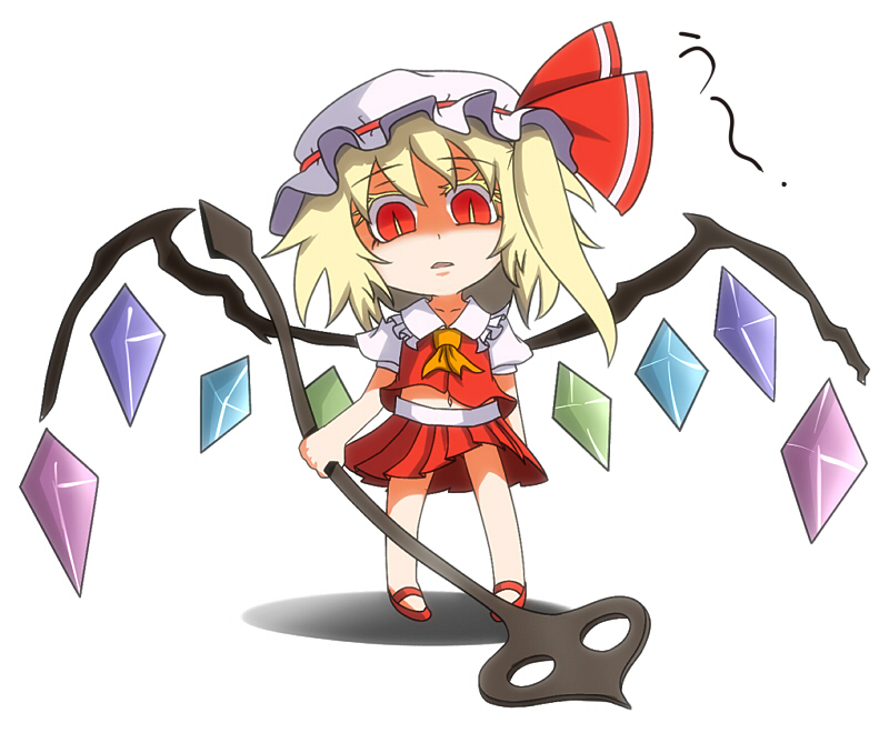 ascot bad_id bad_pixiv_id blonde_hair collarbone flandre_scarlet hat hat_ribbon laevatein navel open_mouth puffy_sleeves red_eyes ribbon short_hair short_sleeves side_ponytail slit_pupils solo touhou wakame_mi weapon white_background wings