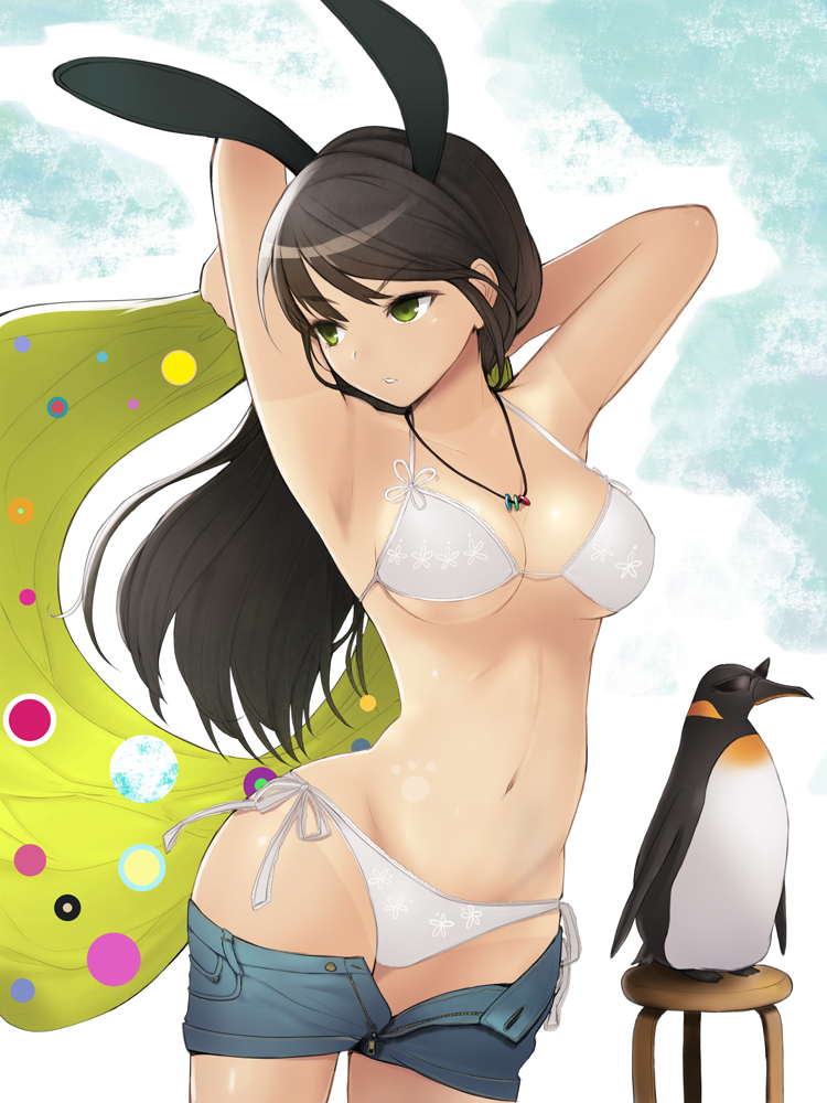 animal_ears armpits arms_up bikini bird black_hair breasts bunny_ears chair cleavage green_eyes hareno_chiame holding jewelry long_hair medium_breasts navel necklace original outstretched_arms parted_lips pendant penguin short_shorts shorts shorts_pull side-tie_bikini solo sunglasses swimsuit tan tanline towel unzipped white_bikini