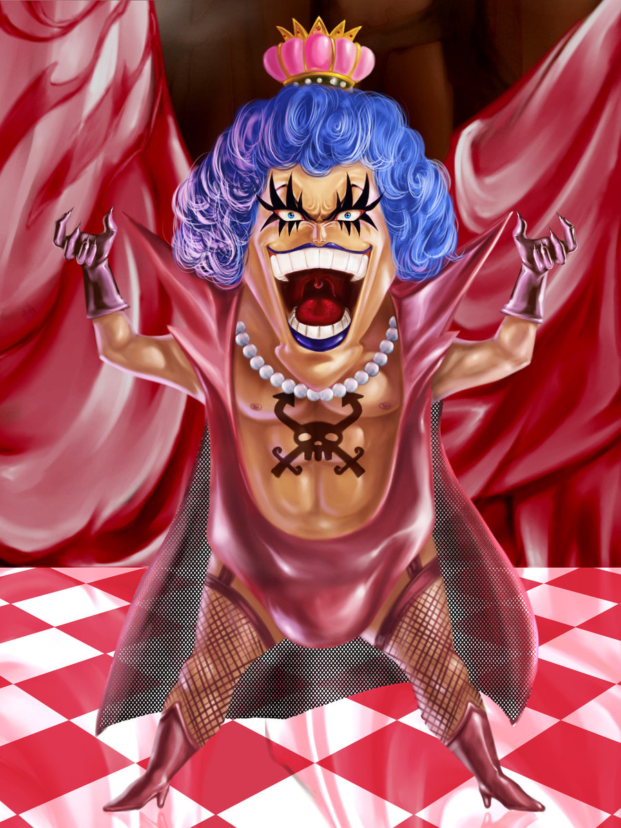 1boy boots cape checkered checkered_floor crown curtain curtains dramatic_pose emporio_ivankov fishnet fishnets floor gloves high_heels highres jewelry jolly_roger laughter lipstick makeup male male_focus muscle necklace one_piece open_clothes open_mouth open_shirt purple_hair shirt shoes solo tattoo thighhighs
