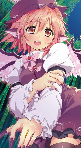 animal_ears black_legwear blush earrings fingernails hat jewelry long_fingernails mystia_lorelei open_mouth pink_hair short_hair single_earring solo thighhighs touhou tsujigiri wings