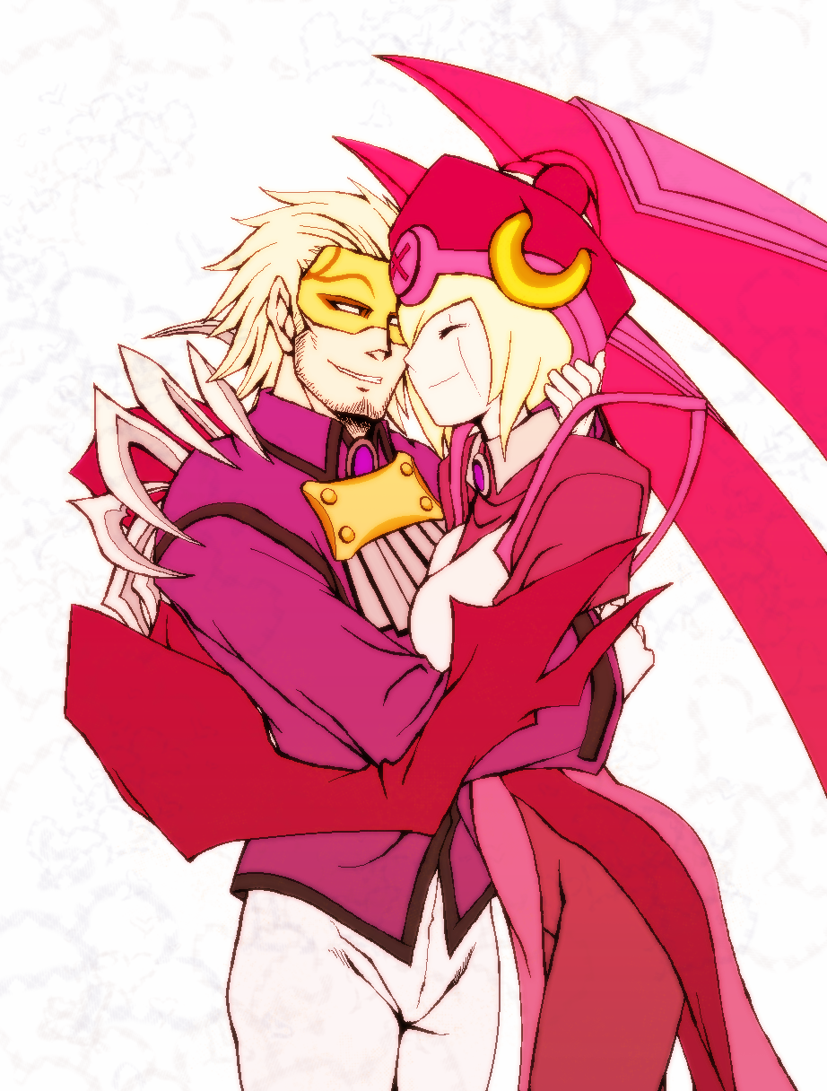 1girl android blazblue blonde_hair claws closed_eyes couple facial_hair hat hetero highres hug husband_and_wife ignis_(blazblue) mask relius_clover short_hair stubble white_skin zetsho