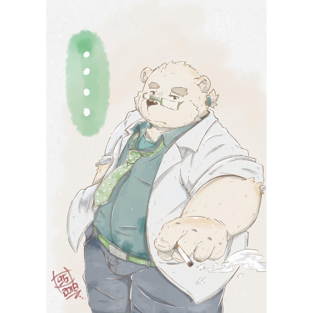 2018 96panda anthro black_nose clothing eyewear fur glasses humanoid_hands male mammal necktie overweight overweight_male pants polar_bear rave_(tas) shirt simple_background smoking solo tokyo_afterschool_summoners ursine video_games white_fur