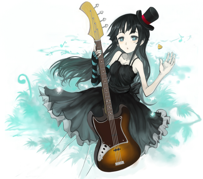 akiyama_mio aqua_eyes bass_guitar black_hair breasts cleavage collarbone don't_say_"lazy" dress gloves hat instrument k-on! long_hair medium_breasts mini_hat mini_top_hat pantyhose plectrum sasurai_susuki single_glove sleeveless solo top_hat