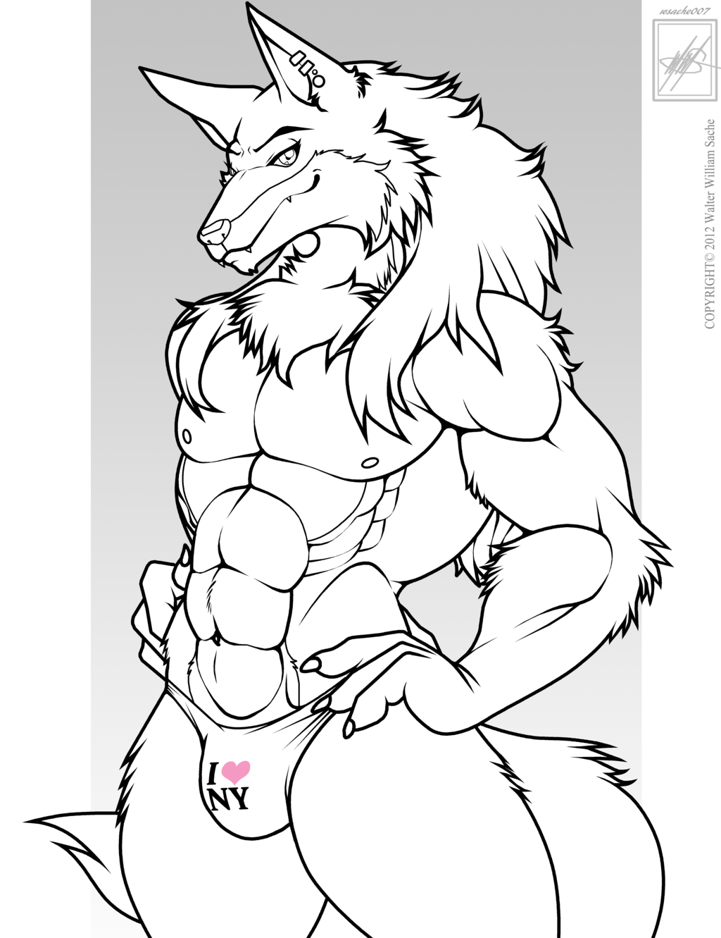 &lt;3 abs biceps black_and_white bulge canine claws ear_piercing inks invalid_tag looking_at_viewer male mammal monochrome muscles nipples pecs piercing sketch smile solo standing thong topless walter_sache wolf