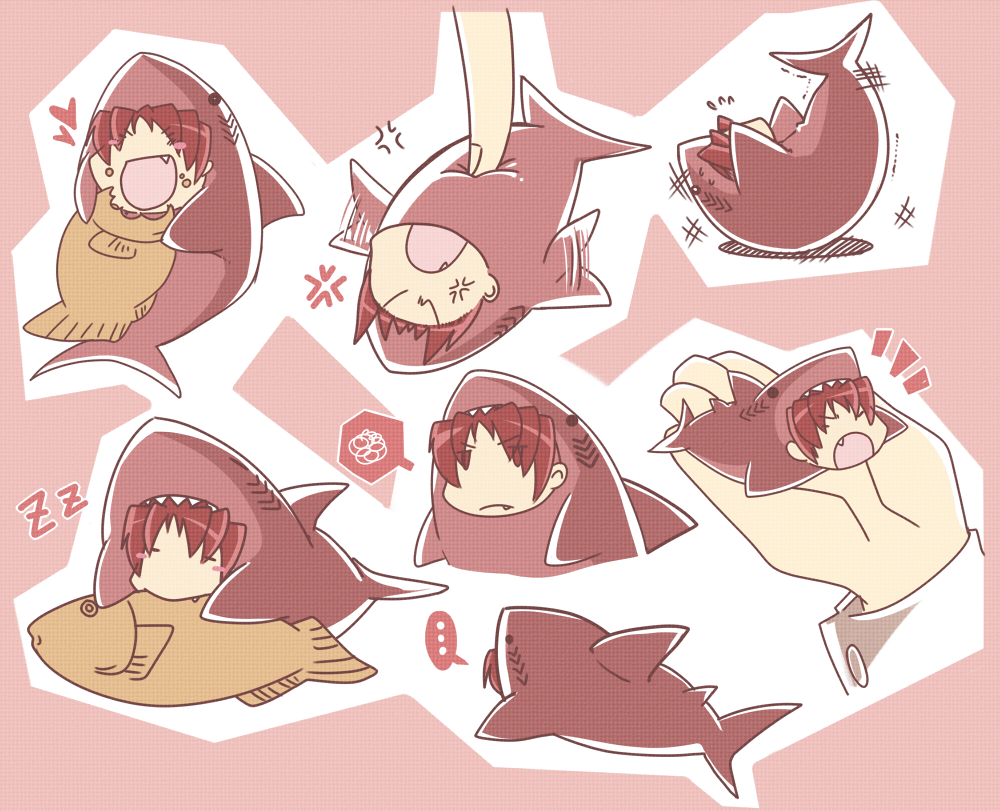 1girl angry blush_stickers eating fang food kubikitsune mahou_shoujo_madoka_magica minimized open_mouth poking red_eyes red_hair sakura_kyouko shark sleeping spoken_squiggle squiggle struggling taiyaki wagashi zzz