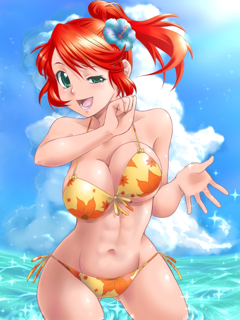 abs ass_visible_through_thighs bare_shoulders bikini breasts cleavage cloud cowboy_shot day floral_print flower front-tie_top green_eyes groin half-closed_eye hibiscus large_breasts navel open_mouth orange_bikini original ponytail red_hair side-tie_bikini sky solo sparkle swimsuit wading water yaso_shigeru