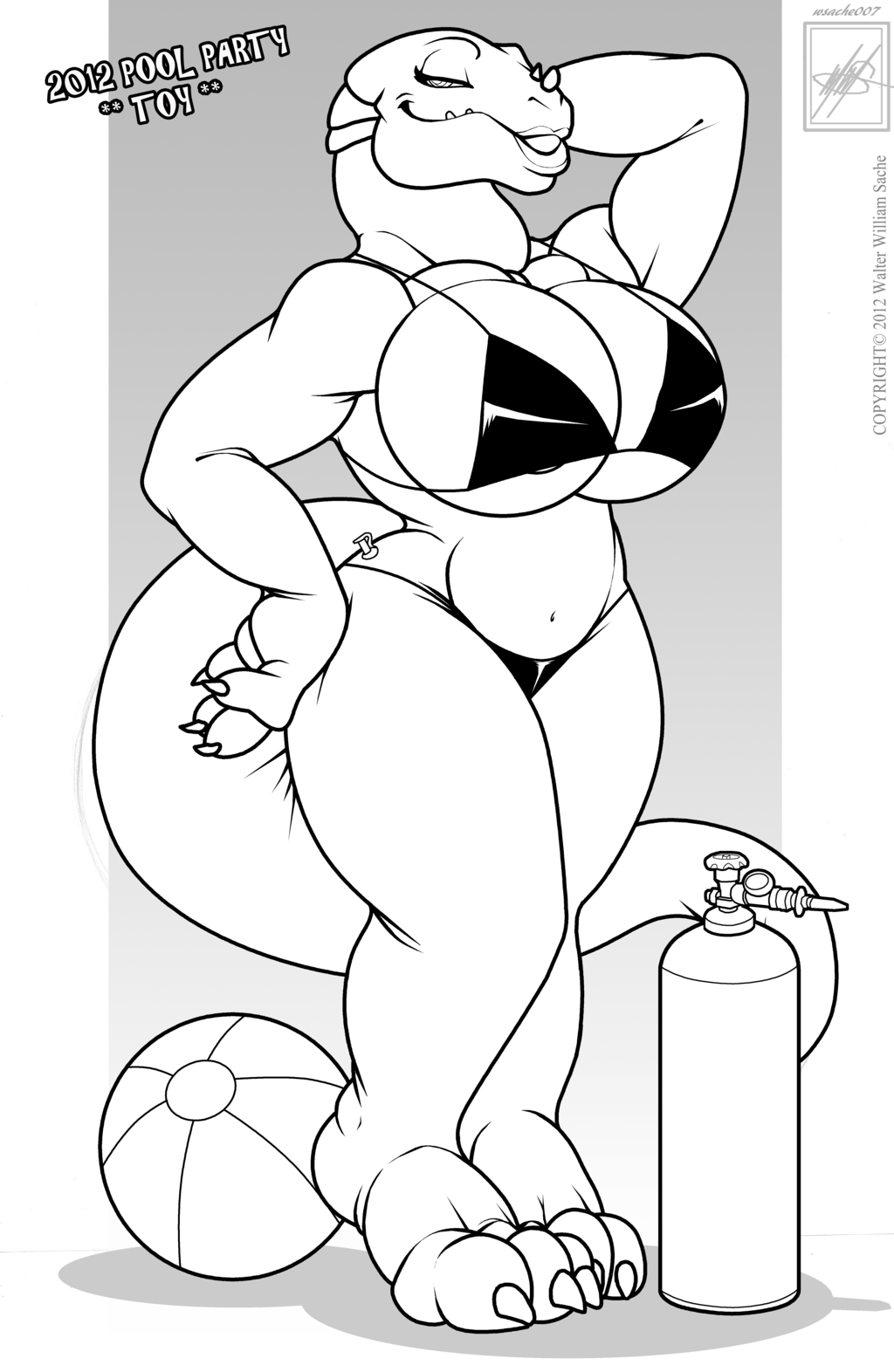 anthro ball beach_ball big_breasts bikini black_and_white breasts clothed clothing female huge_breasts inflation inks invalid_tag monochrome pose reptile scalie skimpy smile solo swimsuit tank walter_sache