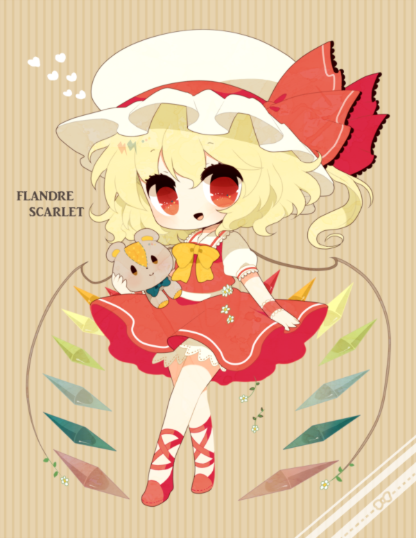 bad_id bad_pixiv_id blonde_hair blush bow character_name crystal flandre_scarlet haru_(kyou) hat hat_ribbon heart open_mouth puffy_sleeves red_eyes ribbon short_sleeves side_ponytail solo stuffed_animal stuffed_toy teddy_bear touhou wings wrist_cuffs