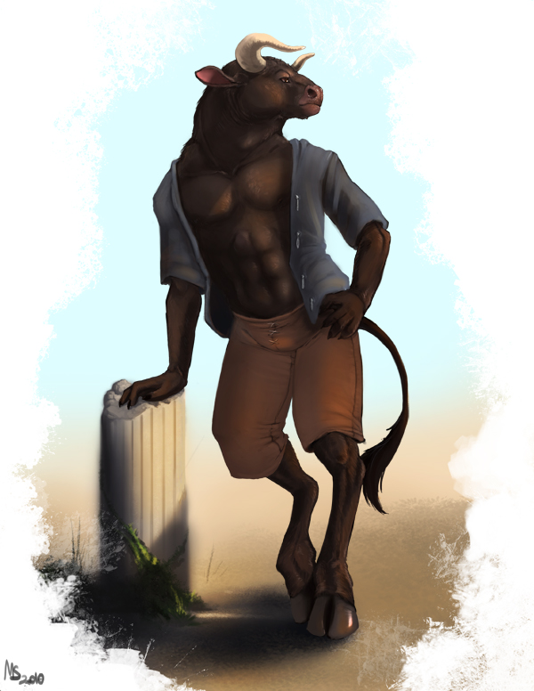 anthro biceps big_muscles bovine brown_eyes brown_fur bull cattle clothing fur hand_on_hip hooves horn male mammal minotaur mistresssparkles muscles nipples open_shirt pecs pose shirt shorts solo standing toned