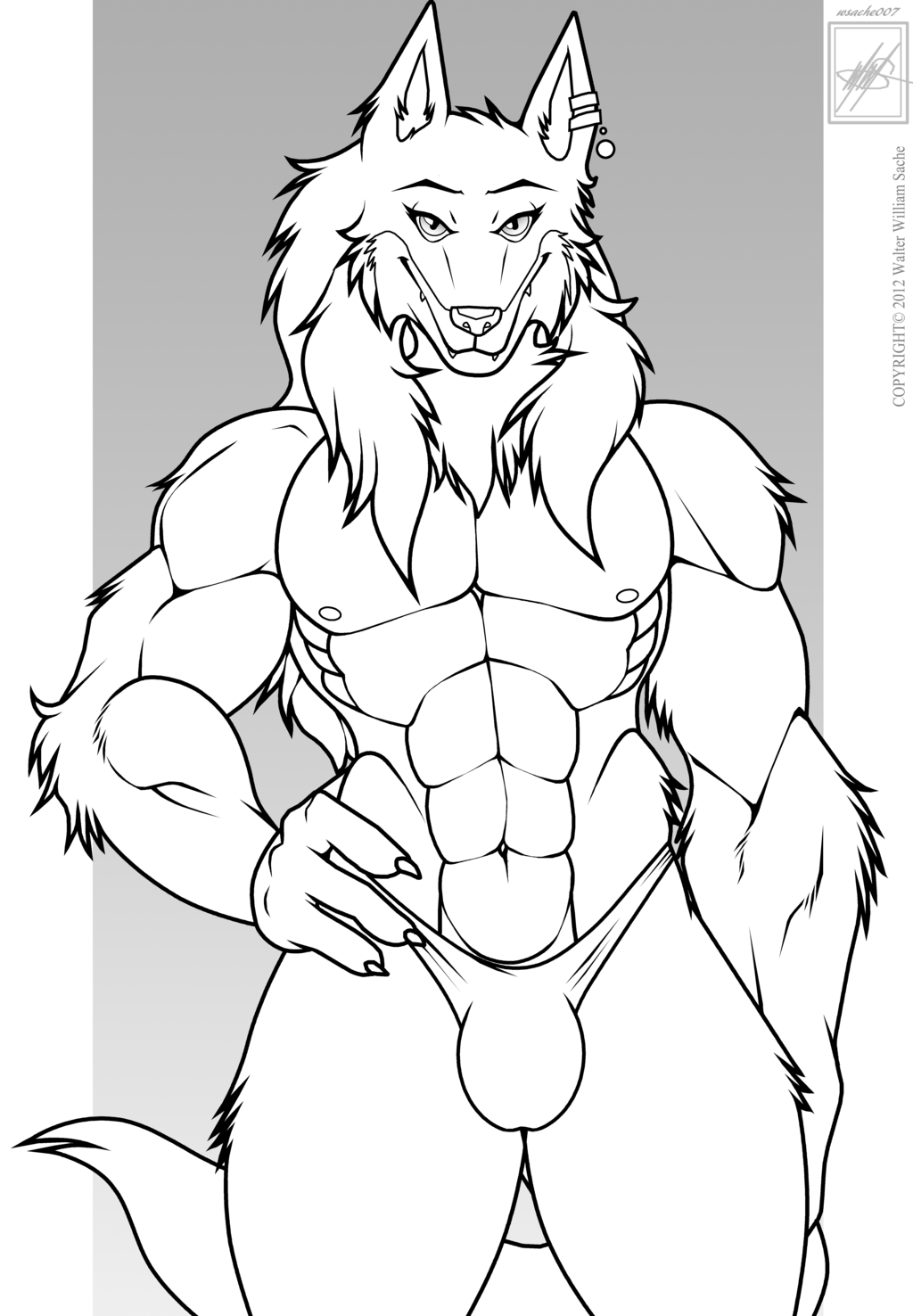 abs anthro black_and_white bulge canine claws ear_piercing front inks looking_at_viewer male mammal monochrome muscles navel nipples pecs piercing pose smile solo standing thong topless walter_sache wolf