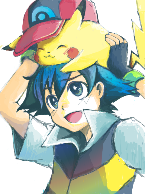 blue_eyes blue_hair closed_eyes fingerless_gloves gen_1_pokemon gloves hat pikachu pokemon pokemon_(anime) pokemon_(creature) popped_collar satoshi_(pokemon) simple_background smile tegaki vest white_background