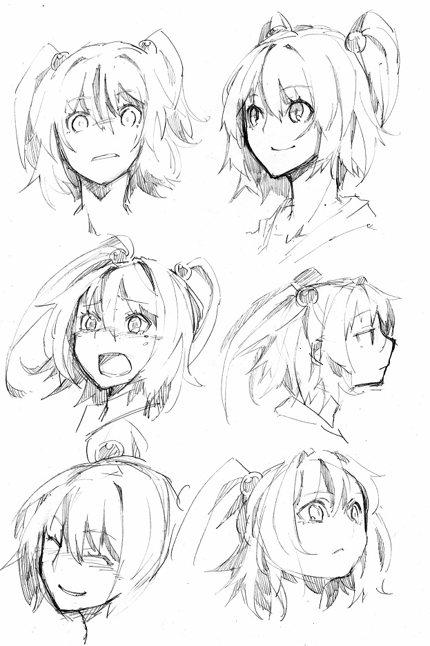 :&lt; ^_^ bored character_sheet closed_eyes crying crying_with_eyes_open d: expressions face greyscale happy monochrome onozuka_komachi open_mouth sketch smile sukocchi tears touhou two_side_up