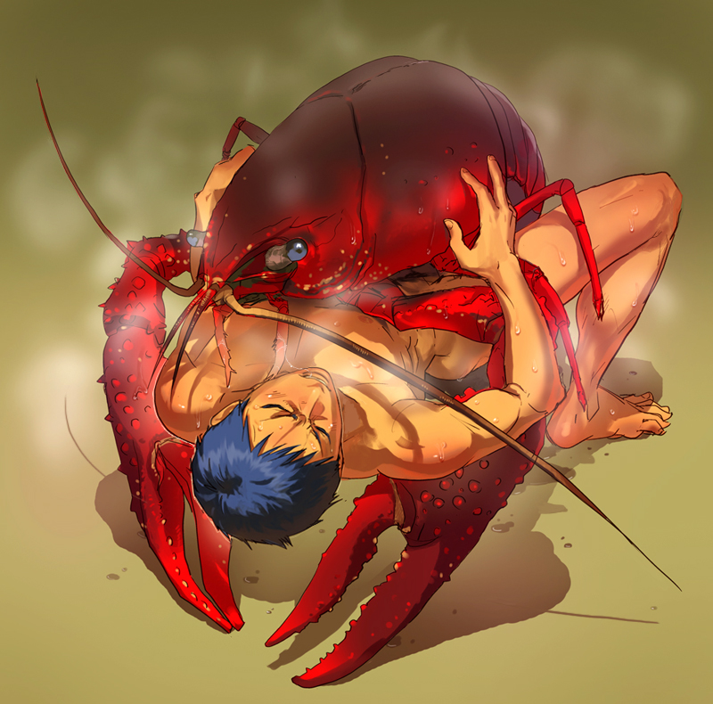 animal aomine_daiki artist_self-insert bestiality blue_hair crayfish kuroko_no_basuke male_focus okada_(okada_zari) oversized_animal rape sex steam sweat what