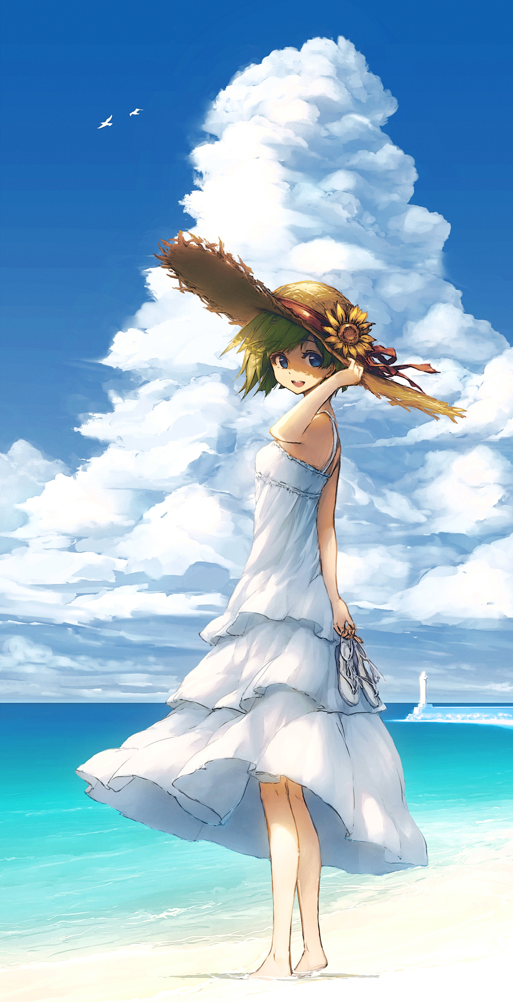 :d arm_up beach blue_eyes cloud day dress garuku green_hair hat hat_ribbon highres holding lighthouse looking_at_viewer open_mouth original outdoors ribbon short_hair sky smile solo standing straw_hat sun_hat sundress