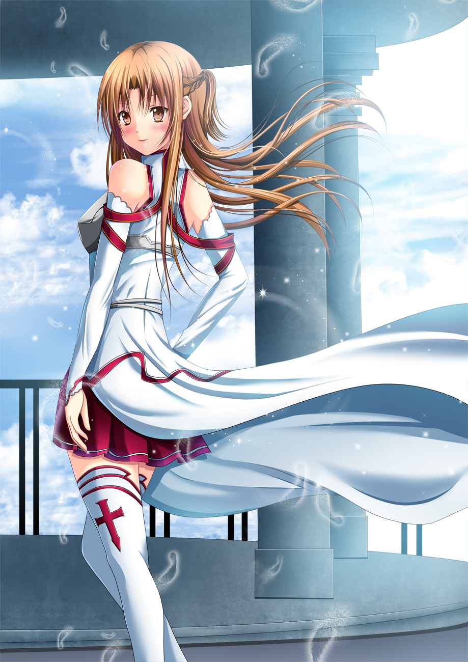 asuna_(sao) bad_id bad_pixiv_id bare_shoulders blush brown_eyes brown_hair detached_sleeves highres long_hair looking_at_viewer looking_back smile solo sword_art_online thighhighs toshi_(1-147) white_legwear
