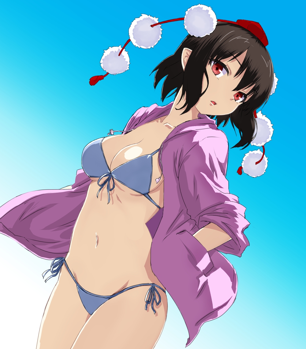 bikini breasts brown_hair cl_(h-sys.) cleavage front-tie_top gradient gradient_background hands_in_pockets hands_on_hips hat jacket jacket_over_swimsuit looking_at_viewer medium_breasts navel open_mouth pointy_ears red_eyes shameimaru_aya short_hair side-tie_bikini simple_background solo swimsuit tokin_hat touhou