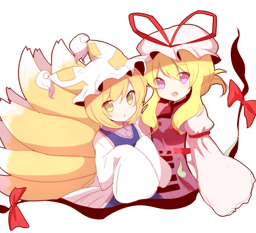 blonde_hair bow fox_tail gap hat hat_ribbon long_sleeves multiple_girls multiple_tails nonaka11 open_mouth puffy_sleeves purple_eyes ribbon short_hair tail touhou wide_sleeves yakumo_ran yakumo_yukari yellow_eyes