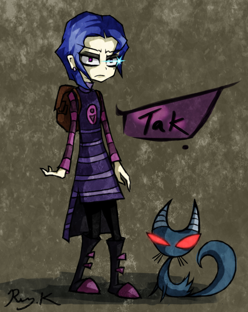 1girl backpack bag blue_hair boots cat invader_zim nickelodeon ray-k red_eyes shirt striped striped_shirt tak