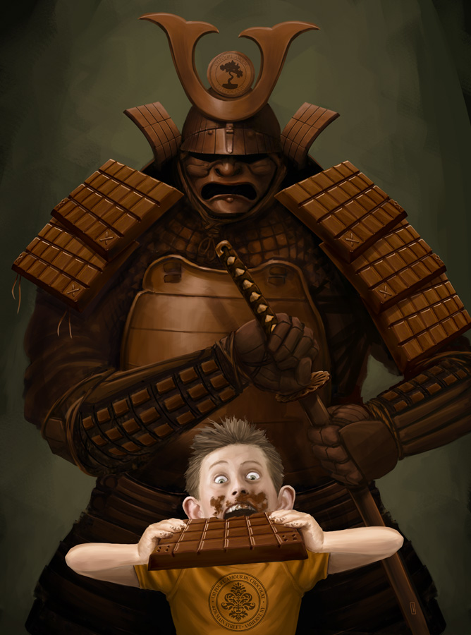 armor blue_eyes brown_hair chocolate chocolate_bar chocolate_on_face eating eric_vedder food food_on_face japanese_armor open_mouth original sword weapon