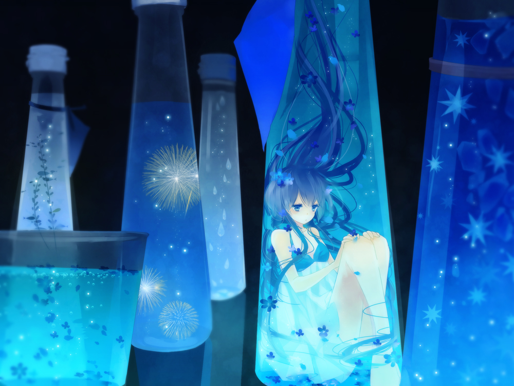 aerial_fireworks blue_eyes blue_hair bottle dress fireworks floating hands_on_own_knees in_container long_hair original sitting smile solo very_long_hair yuukichi