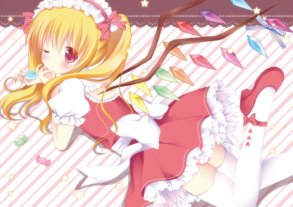 alternate_hairstyle bad_id bad_pixiv_id blonde_hair candy flandre_scarlet food hairband hat long_hair lying on_stomach one_eye_closed red_eyes shibainu_niki shoes side_ponytail solo striped striped_background thighhighs touhou twintails white_legwear wings