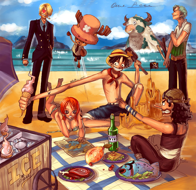 1girl 4boys beach black_hair blonde_hair blue_sky bottle cigarette cloud clouds copyright_name cow female fish food green_hair hat ice_cream male map meat mohmoo monkey_d_luffy monster multiple_boys nami nami_(one_piece) nose_ring ocean one_piece orange_hair outdoors overalls roronoa_zoro sanji sea_monster shorts sky smoking straw_hat swimsuit title_drop tony_tony_chopper topless usopp