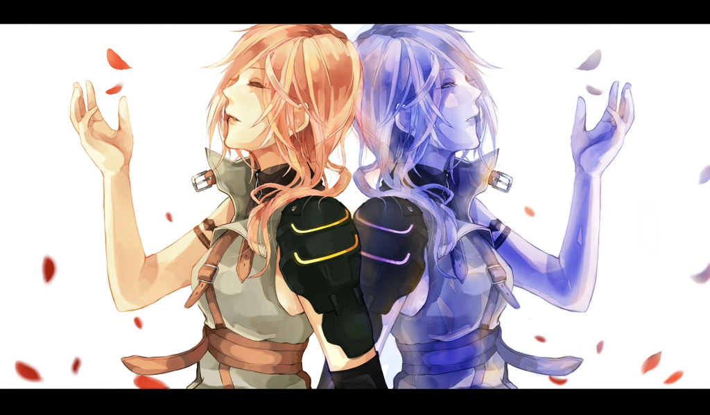 back-to-back bad_id bad_pixiv_id belt closed_eyes final_fantasy final_fantasy_xiii letterboxed lightning_farron long_hair multiple_persona pink_hair shoulder_pads simple_background white_background yana_01