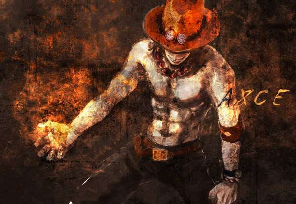 1boy abs belt character_name fighting_stance fire freckles hat hat_over_eyes jewelry lowres male male_focus muscle necklace one_piece portgas_d_ace sad_face smile smiley smiley_face solo topless