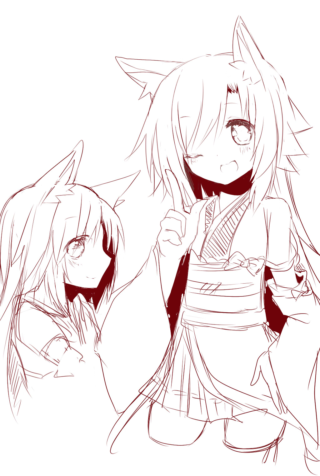 animal_ear_fluff animal_ears bow character_sheet detached_sleeves fox_ears fox_tail futaba_akane hand_on_hip highres japanese_clothes long_hair monochrome naomi_(sekai_no_hate_no_kissaten) one_eye_closed open_mouth original pleated_skirt ribbon sketch skirt smile tail thigh_ribbon
