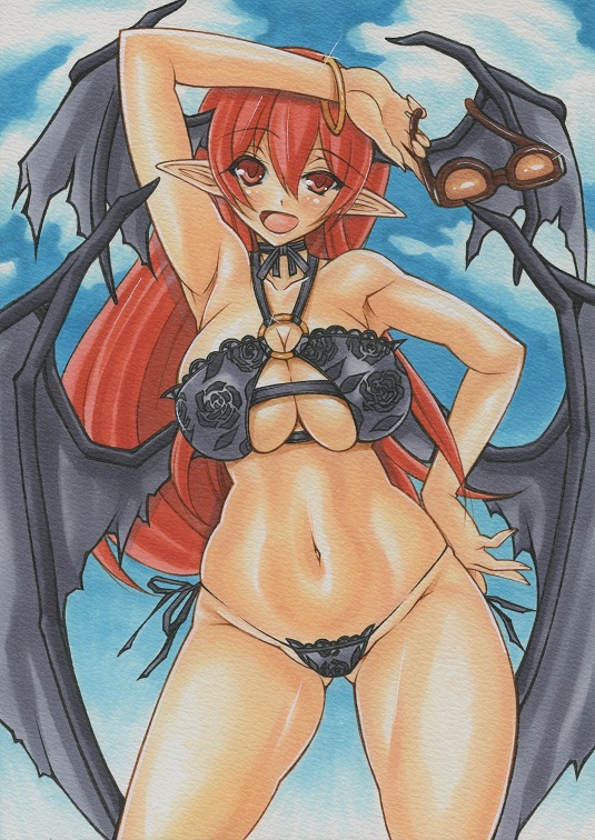 arm_up bare_shoulders bikini breasts cleavage curvy day eyewear_removed glasses hand_on_hip head_wings holding holding_eyewear koakuma large_breasts large_wings long_hair marker_(medium) navel open_mouth pointy_ears red_eyes red_hair side-tie_bikini skindentation sky smile solo swimsuit thick_thighs thighs touhou traditional_media uneven_eyes very_long_hair wide_hips wings yutakasan-love
