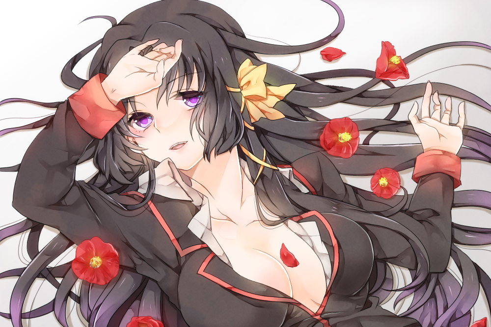 arm_up black_hair breasts camellia cleavage collarbone flower hand_on_own_forehead juri_(nattoutomato) kurugaya_yuiko large_breasts little_busters! long_hair long_sleeves looking_at_viewer lying on_back open_mouth petals purple_eyes solo upper_body very_long_hair