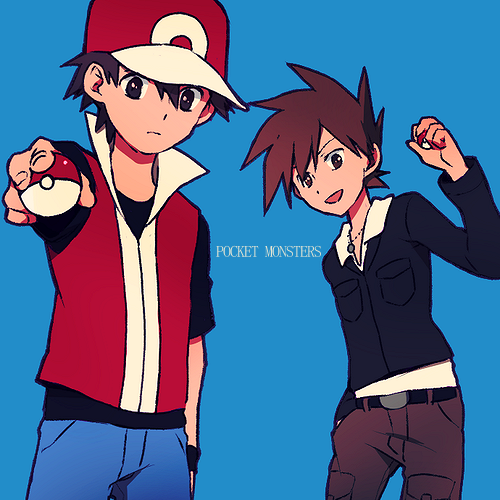 baseball_cap belt black_hair blue_background brown_eyes brown_hair copyright_name expressionless hand_in_pocket hat holding holding_poke_ball jacket jewelry lowres male_focus multiple_boys necklace ochappa ookido_green pants poke_ball pokemon pokemon_(game) pokemon_hgss red_(pokemon) simple_background smile wristband