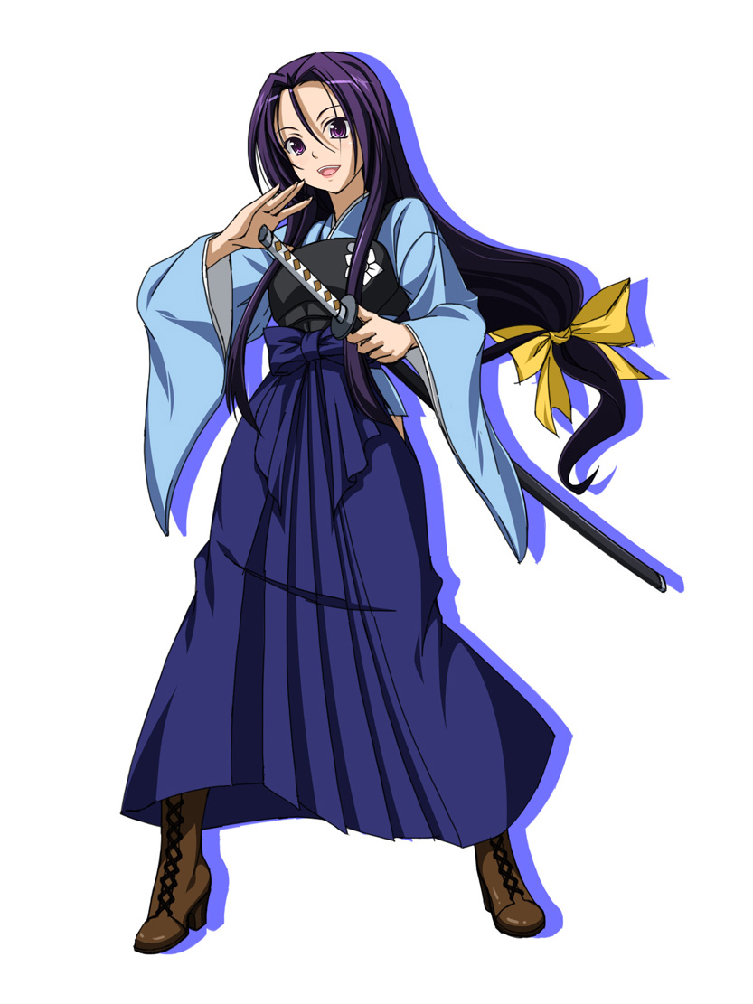 akechi_mitsuhide_(oda_nobuna_no_yabou) blue_hakama boots flower full_body hair_ribbon hakama japanese_clothes katana long_hair low-tied_long_hair meiji_schoolgirl_uniform oda_nobuna_no_yabou open_mouth oukasirayami purple_eyes purple_hair ribbon solo sword weapon white_background