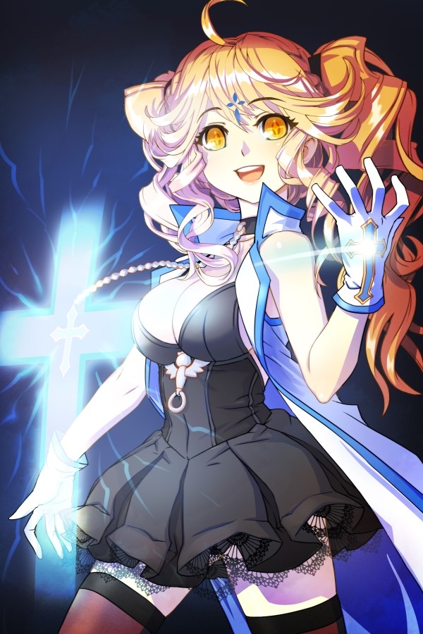 ahoge bare_shoulders black_legwear blonde_hair breasts cat_shi cleavage cross cross_necklace dress facial_mark forehead_mark frilled_dress frills gloves glowing glowing_cross jacket jewelry large_breasts long_hair necklace open_mouth outstretched_hand pleated_dress red_legwear smile solo sword_girls thighhighs twintails yellow_eyes