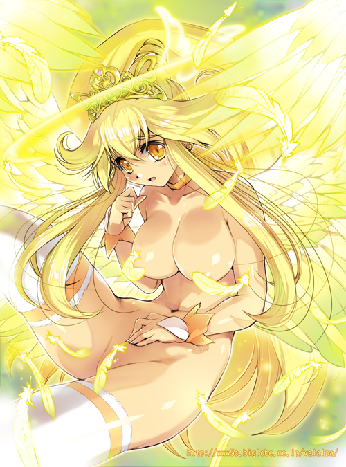 blonde_hair blush breasts censored convenient_censoring cure_peace feathers hair_flaps halo hisahiko huge_breasts kise_yayoi long_hair magical_girl nude open_mouth ponytail precure princess_form_(smile_precure!) smile_precure! solo thighhighs tiara wings yellow yellow_eyes