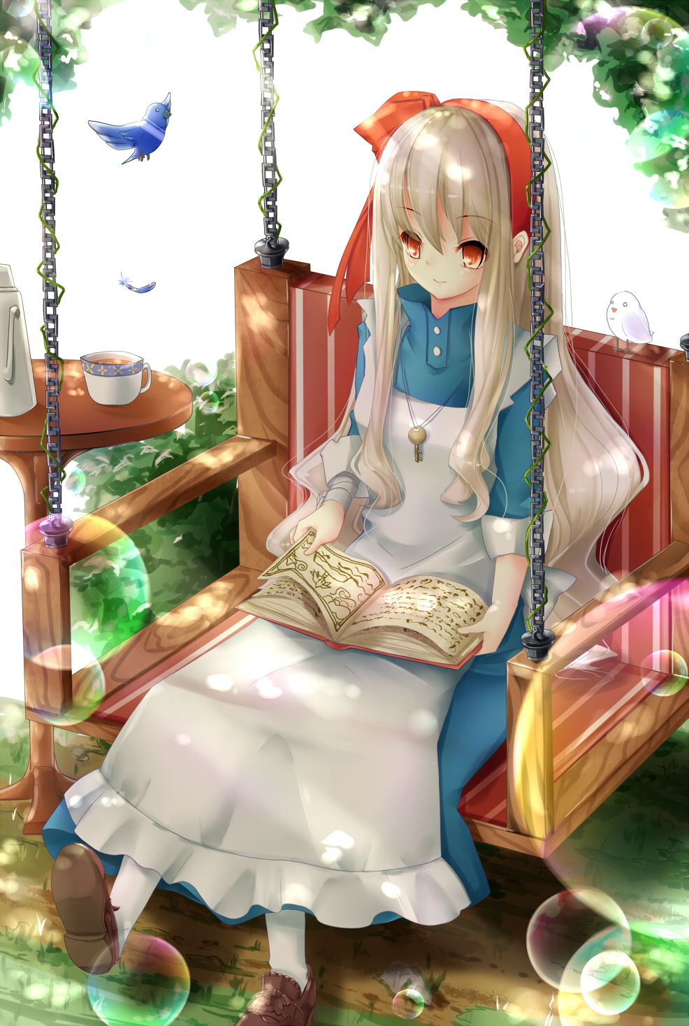 animal apron bad_id bad_pixiv_id bird blonde_hair book bow bug butterfly cup hair_bow highres insect key long_hair long_sleeves original saraso-ju sitting smile solo table teacup teapot very_long_hair