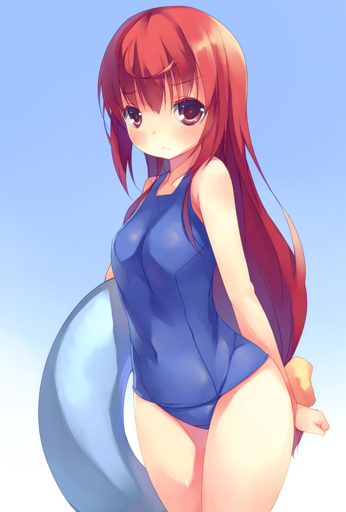 :&lt; blush bow breasts buratei_marii hair_bow innertube joshiraku long_hair looking_at_viewer medium_breasts mikage_sekizai one-piece_swimsuit red_eyes red_hair school_swimsuit simple_background solo swimsuit very_long_hair