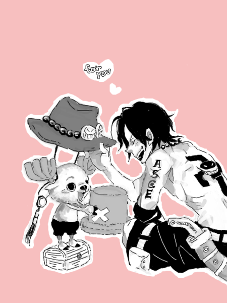 1boy color_background costume_swap freckles hat heart jolly_roger knife male manji manji_(symbol) necklace one_piece pink_background pirate portgas_d_ace reindeer sheath shorts simple_background sitting smile smiley tattoo tony_tony_chopper topless x_(symbol)