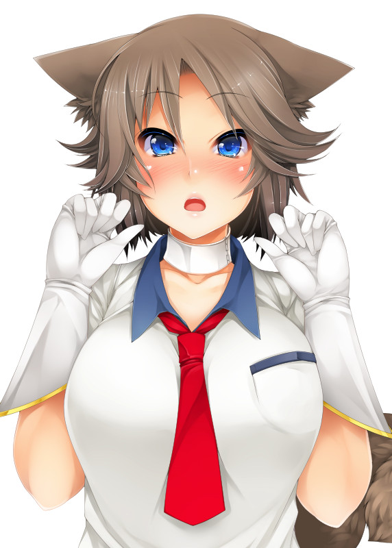 animal_ears blue_eyes blush breasts brown_hair choker collarbone dog_ears dog_tail gloves ishikei_(style) large_breasts open_mouth original serizawa_mutsuki short_hair simple_background solo tail white_background white_gloves