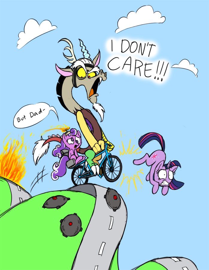 bad_parenting beanie beard bicycle bike cutie_mark dialog discord_(mlp) draconequus english_text equine explosive facial_hair female feral fire flames friendship_is_magic hair happy_wheels hat helmet horn horse humor male mammal mickeymonster mine mines my_little_pony pewdiepie pony propeller_hat road screwball_(mlp) text twilight_sparkle_(mlp) two_tone_hair unicorn
