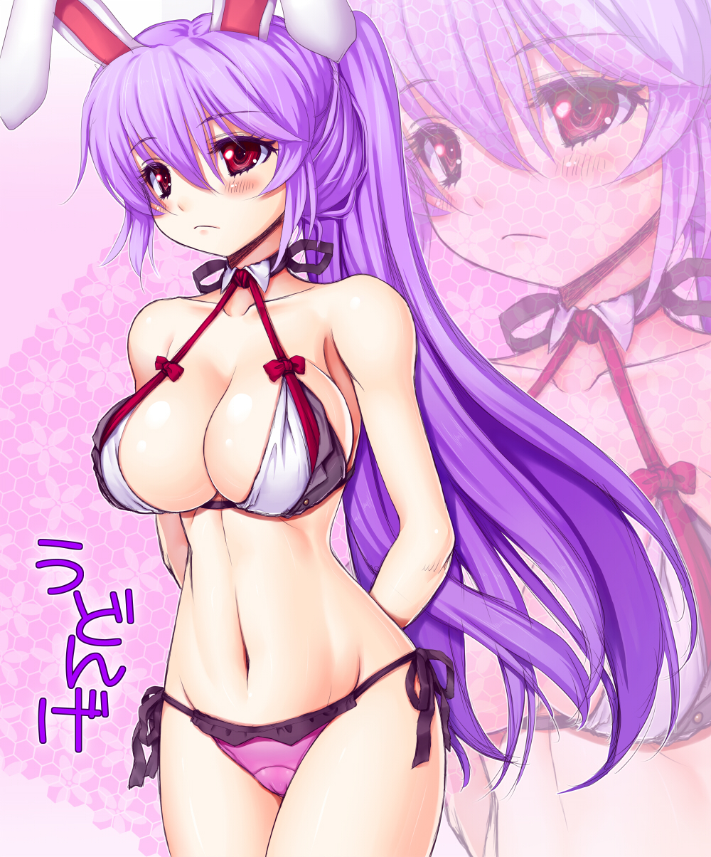 alternate_hairstyle animal_ears arms_behind_back asamura_hiori bikini blush breasts bunny_ears cleavage collarbone contemporary groin highres large_breasts lavender_hair long_hair navel ponytail purple_hair red_eyes reisen_udongein_inaba side-tie_bikini solo standing swimsuit touhou translated very_long_hair zoom_layer