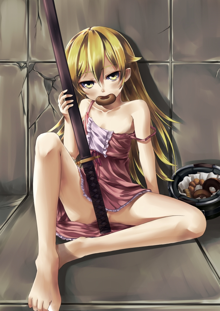 bakemonogatari bandaid barefoot blonde_hair censored convenient_censoring doughnut dress feet food headwear_removed helmet kokorowatari legs long_hair long_legs monogatari_(series) mouth_hold oshino_shinobu sheath sheathed solo strap_slip sword weapon yellow_eyes yoi_(tokoyoi)