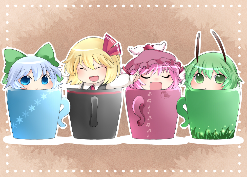 :d ^_^ animal_ears antennae blonde_hair blue_eyes blue_hair chibi cirno closed_eyes commentary_request cup green_eyes green_hair hammer_(sunset_beach) hat in_container in_cup looking_at_viewer multiple_girls musical_note mystia_lorelei open_mouth outline outstretched_arms pink_hair rumia short_hair smile team_9 touhou wriggle_nightbug