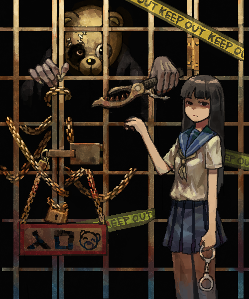 bad_id bad_pixiv_id black_hair chain cuffs handcuffs long_hair original panda prison school_uniform serafuku sugimoto_gang